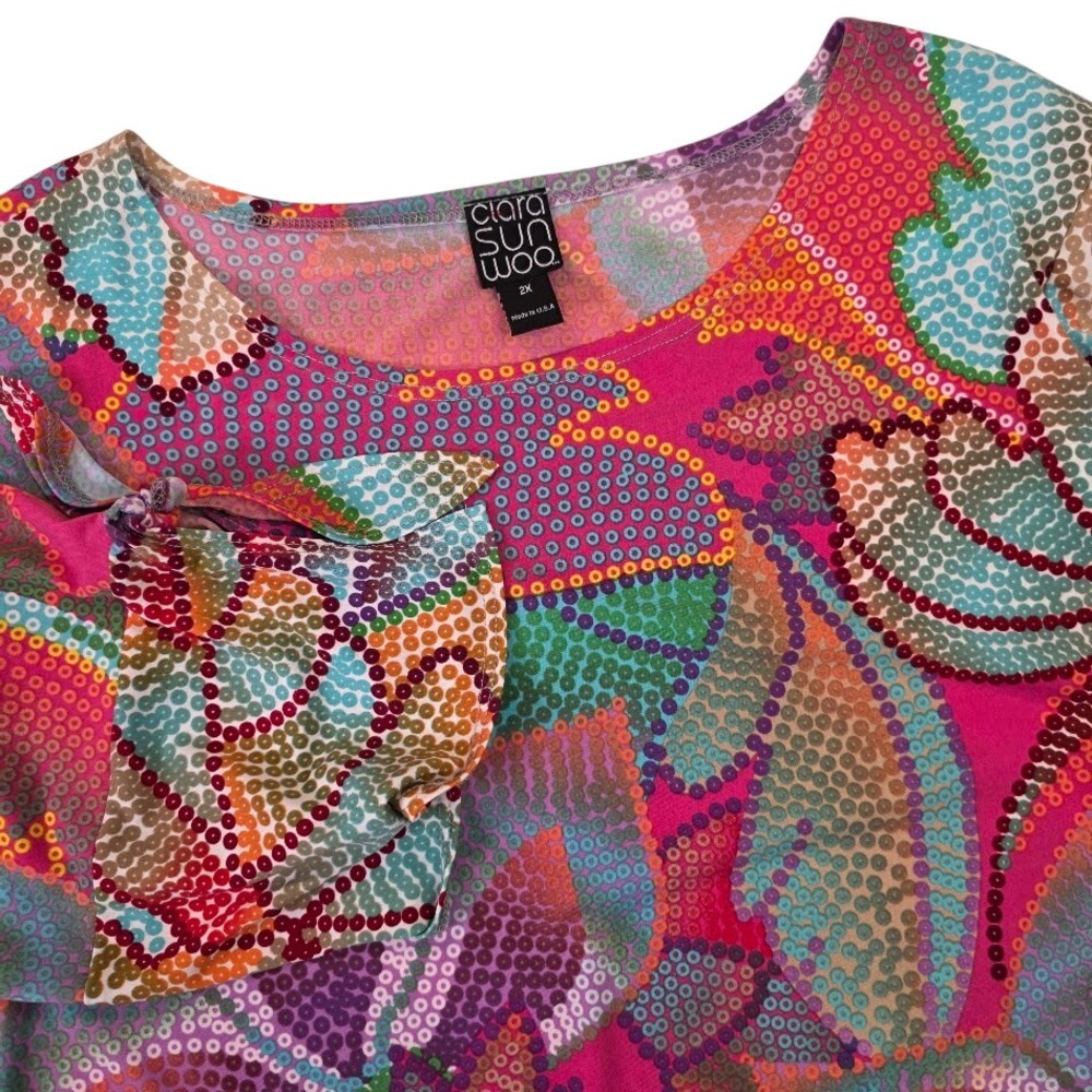 Clara Sunwoo Sz 2X Top‎ Pink Multi Abstract Floral 3/4 Tie Sleeve Knit Boatneck